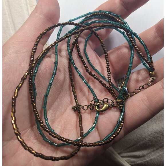 Earthy Blue And Copper Tone Glass Beaded Layered Necklace - Picture 3 of 6